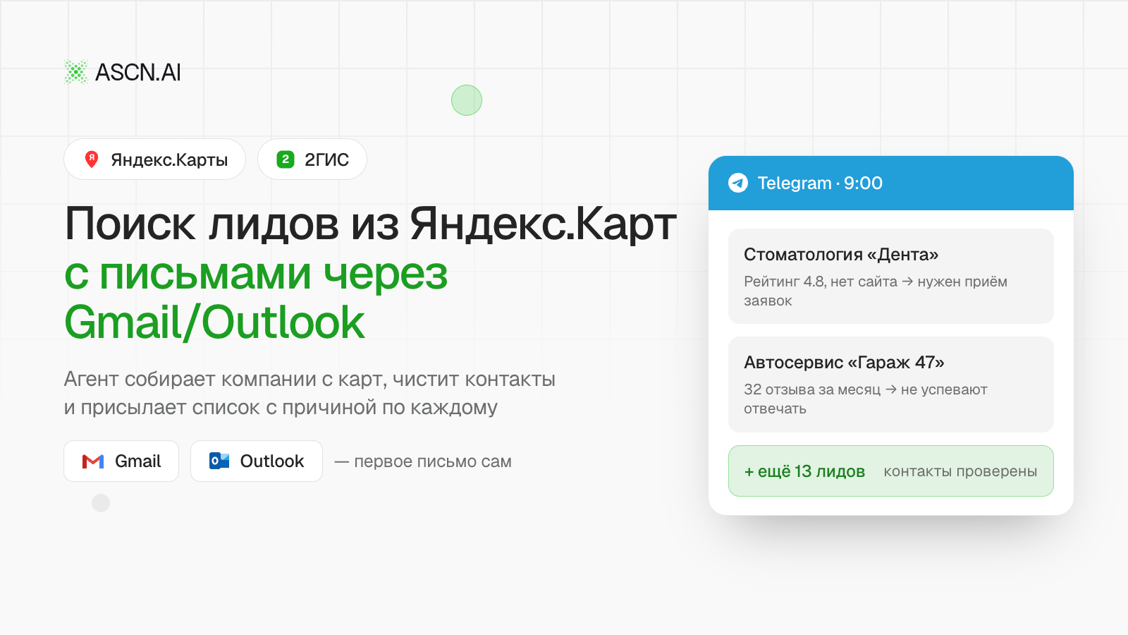 Агент по поиску лидов из Яндекс.Карт с письмами через Gmail/Outlook